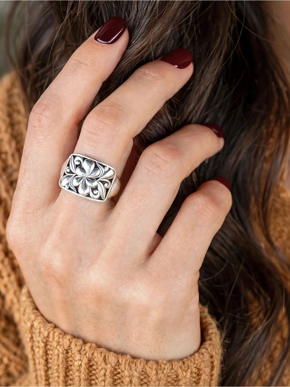 Sterling Silver 925 Floral Signet Ring Size 7 Chunky Rectangle Boho Statement